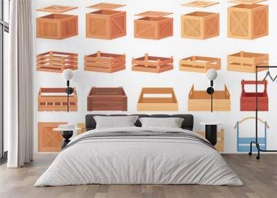 Different types of wooden boxes. Boxes for storage of various substances. Vector illustration Wall mural