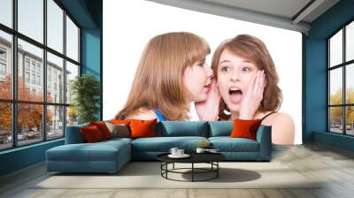 Two girlfriends talk. Close up. White background. It is isolated Wall mural