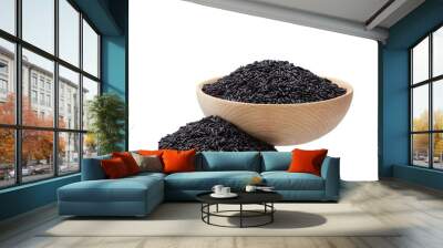 black wild rice in a wooden bowl isolated on white background. Wall mural