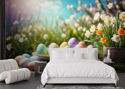 Easter product display table with easter eggs and spring meadow. ai generative Wall mural