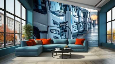 Electric trucks at charging stations with cables connected Wall mural