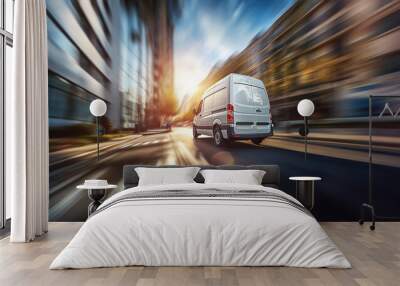 fast vans driving in the big, modern city. Delivery concept. Wall mural