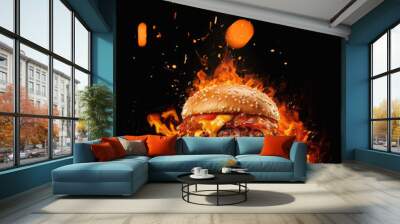 Fire embers particles over black background. Tasty burger on grill Background - Empty Fired Barbecue On Black . Abstract dark glitter fire particles lights. Wall mural