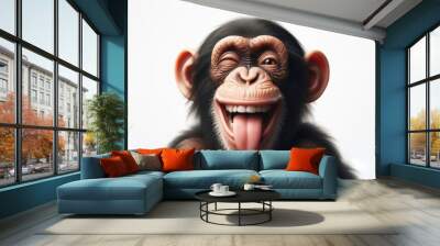 Funny chimpanzee winking and sticking out tongue with copy space for text on solid white background. ai generative Wall mural