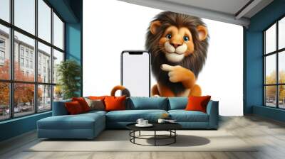 funny Lion pointing on smartphone with white screen on white background Wall mural