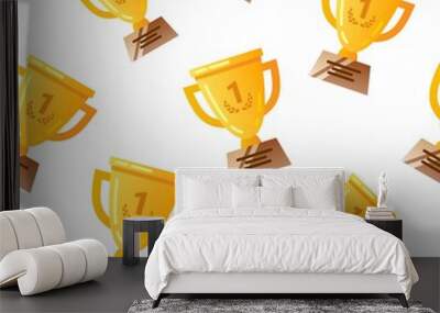 Gold cups, sports prizes for the winners of the championship, marathon, sports competitions. Seamless background. Wall mural