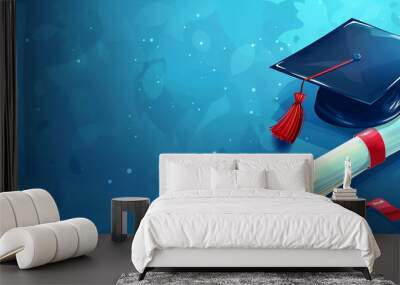 Graduation cap and diploma mortar hat. University graduate show diploma certificate . Copy space blue background blue web banner. Wall mural