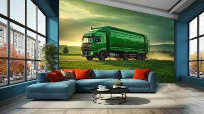 green transport truck driving. ai generative Wall mural