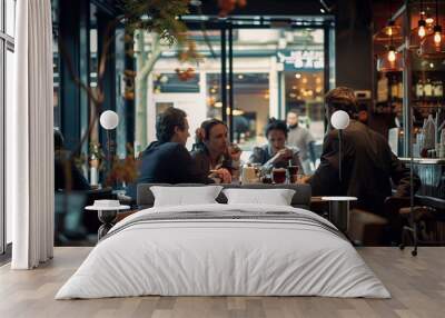 Group of business people having a meeting in a cafe, drinking coffee and talking Wall mural