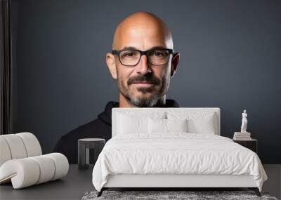 Handsome bald man with glasses and a black sweatshirt over grey background Wall mural