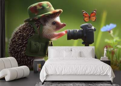 Hedgehog wildlife photographer. Beautiful hedgehog with a camera. Image generated by AI. Wall mural