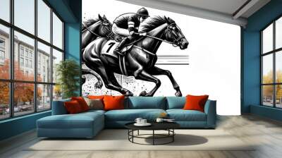 Horse racing illustrations drawing on solid white background. ai generative Wall mural