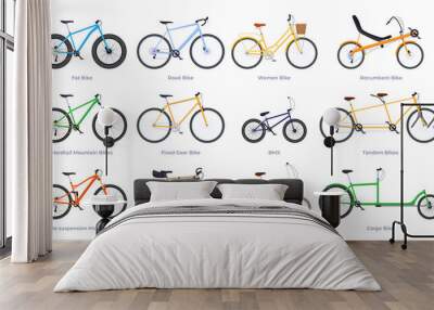 Illustrations of different types of bicycles for leisure and various sports. Two-wheeled transport. Vector illustration Wall mural