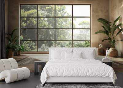 Interior of living room with window and plants. Wall mural