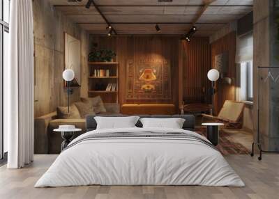 Interior of modern living room with wooden walls Wall mural