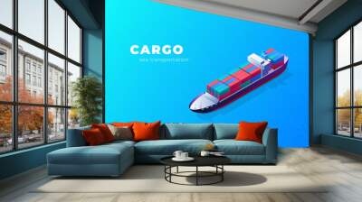 Isometric cargo ship container in the ocean transportation. illustration vector Wall mural