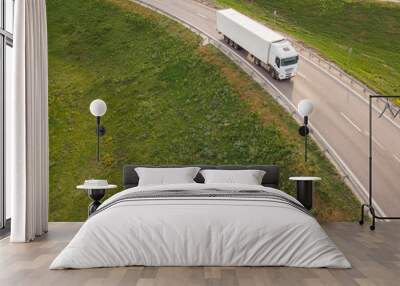 Dump trucks carrying goods on the highway. Red truck driving on asphalt road along the green fields. seen from the air. Aerial view landscape. drone photography. cargo delivery Wall mural