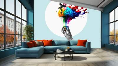 A man with a laptop is sitting on light bulb with human brain. Creativity and new ideas in business. Art collage. Wall mural