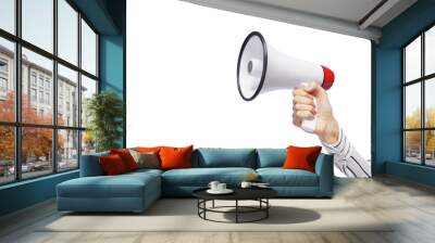 A woman with a megaphone isolated on free PNG Background. Promotion, action, ad, job questions, discussion. Vacancy. Business concept, communication, information, news, team media relations. Wall mural