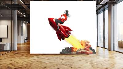 Art collage. Launch of a red rocket with a smiling business woman, isolated on free png background. Successful start up concept. Leadership, leading to success or business vision concept. Wall mural