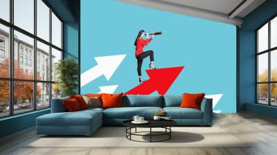 Art collage. Woman with a telescope looks to the success on top of the arrow mountain, Symbol of the startup, business finance concept, achievement, leadership. Wall mural