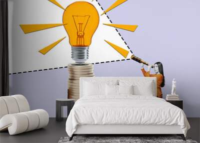 Art collage. Woman with a telescope looks up to light bulb. Successful defeat competition concept. Creative Ideas Forward Concept. Wall mural