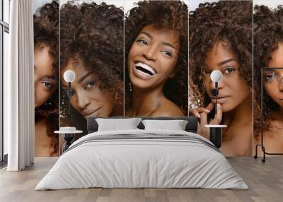 Collection of different Beauty portrait of african american woman with clean healthy skin on beige background. Smiling beautiful afro girl.Curly black hair Wall mural