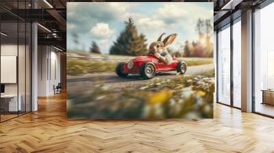 Easter bunny drives quickly to Easter in a retro red car Wall mural