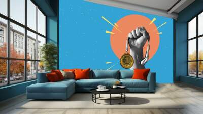 Flat design Illustration. Hand holds and raised gold medal trophy, holding medal against clean backgrund. award and victory concept Wall mural