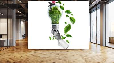 Hand holds a green energy lightbulb filled with leaves isolated on free PNG Background. Renewable green energy concept. Wall mural