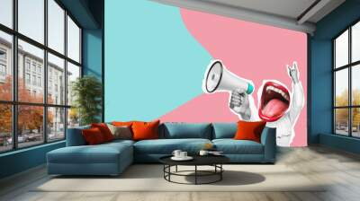 Stylish trendy collage of modern art. Crazy celebrate, announce, information - mouth screams in megaphone. Wall mural