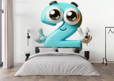 little cute happy number 2 3d character with bulging eyes on solid a white background. ai generative Wall mural