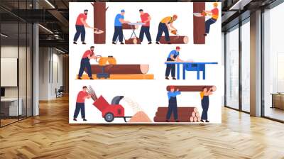 Logging, woodworking. Men are sawing and harvesting wood. Production of boards. Vector illustration Wall mural