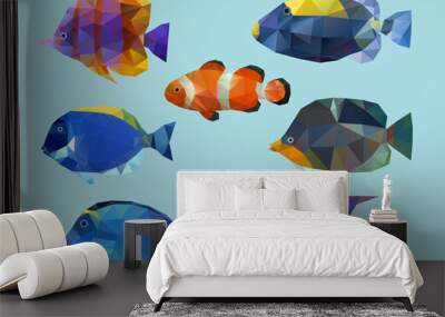 Low poly fish set. Polygonal tropical fish. Triangle vector illustration set Wall mural