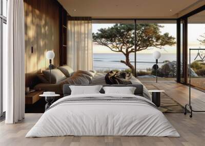 Luxury bedroom with sea view. concept. Wall mural