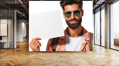 man wearing summer outfit sun glasses holding placard on white background. ai generative Wall mural