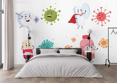 Medical pill characters in cartoon style with faces. Children illustrations of curing diseases. Cute happy pill characters fight bacteria and viruses. Vector illustration Wall mural