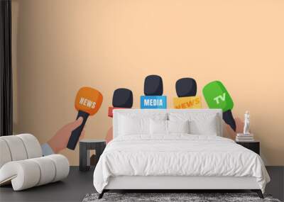 Microphones in the hands of people journalists. The concept of interviewing celebrities. Vector illustration Wall mural