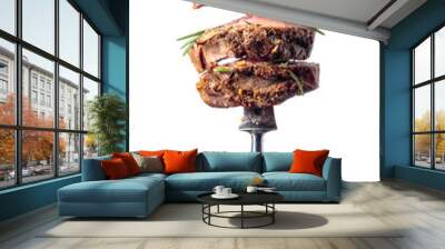 Beef steak on a fork isolated on a white background. Wall mural