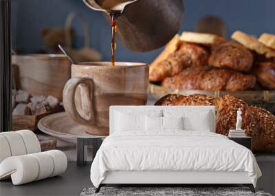 Breakfast with fresh pastries. Wall mural