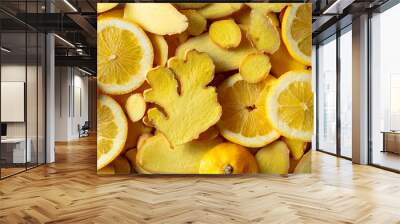 Close-up of fresh ginger and lemon slices. Wall mural