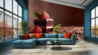 Closeup of chocolate cake with raspberry and mint . Wall mural