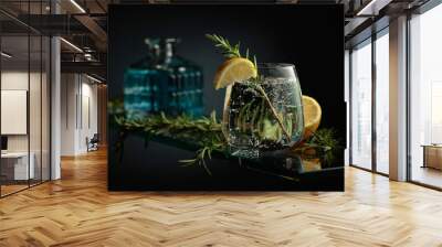 Gin tonic cocktail with lemon and rosemary. Wall mural