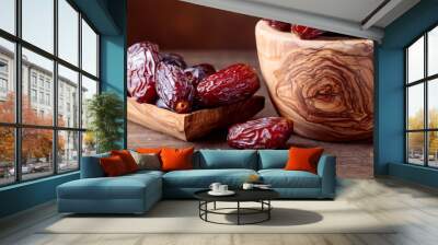 Juicy dates on wooden table . Wall mural