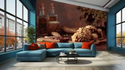 Oatmeal raisin cookies on a brown table. Wall mural