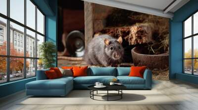 Rat in an old wooden barn. Wall mural