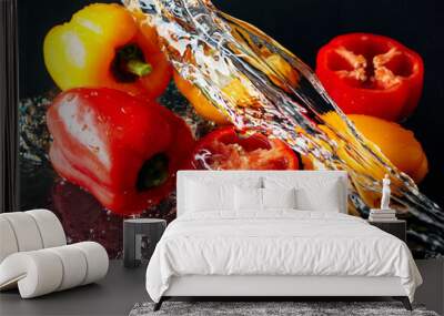 Red and yellow paprika in water splashes. Wall mural