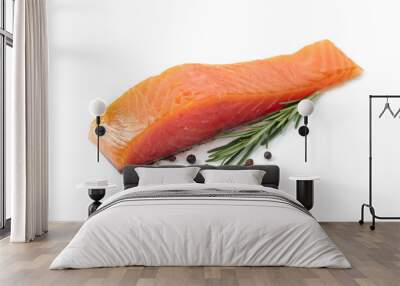 Salmon piece with rosemary and peppercorn isolated on a white background. Wall mural