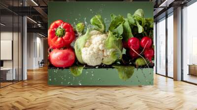 Various fresh raw vegetables with water splash. Wall mural