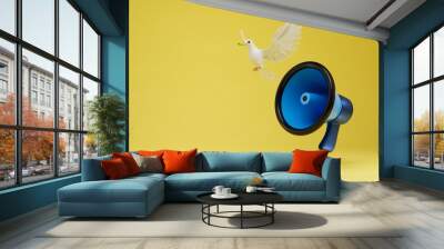 notification of the onset of peace. loudspeaker and dove of peace on a yellow background. copy paste. 3D render Wall mural